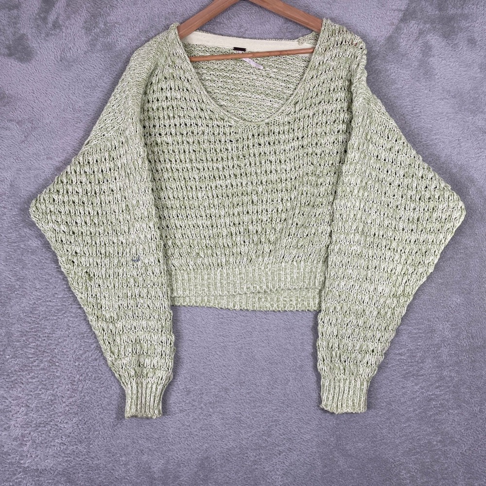 Free People Coconut Sweater Womens XS Green Crochet Knit‎ Cropped Dolman Boho
